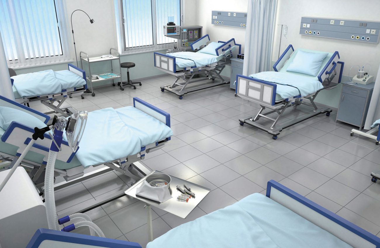 hospital room with beds in blue tones. 3d illustration