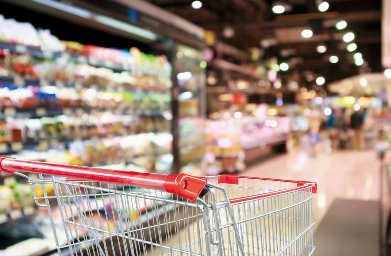 supermarket grocery store with fruit and vegetable shelves inter