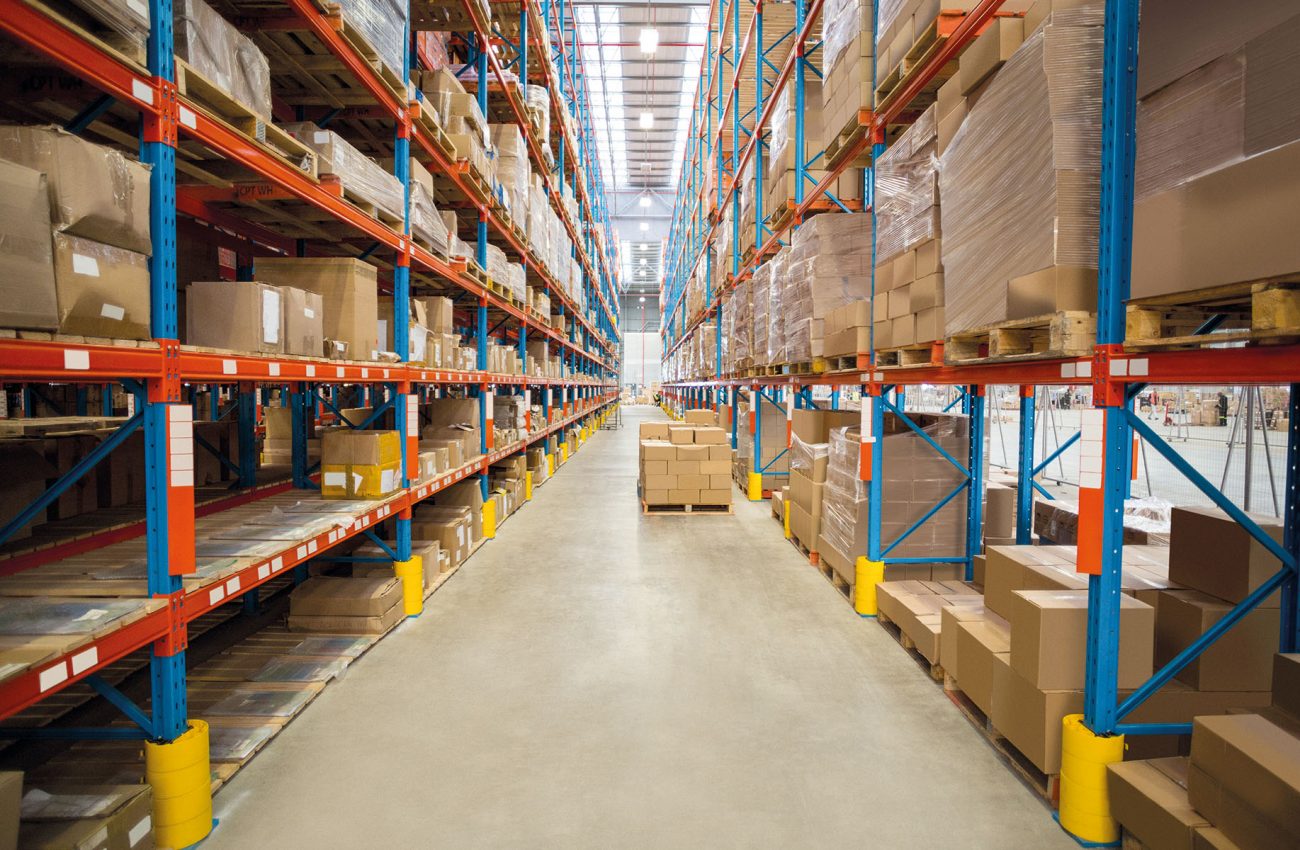Boxes kept on shelves in the warehouse