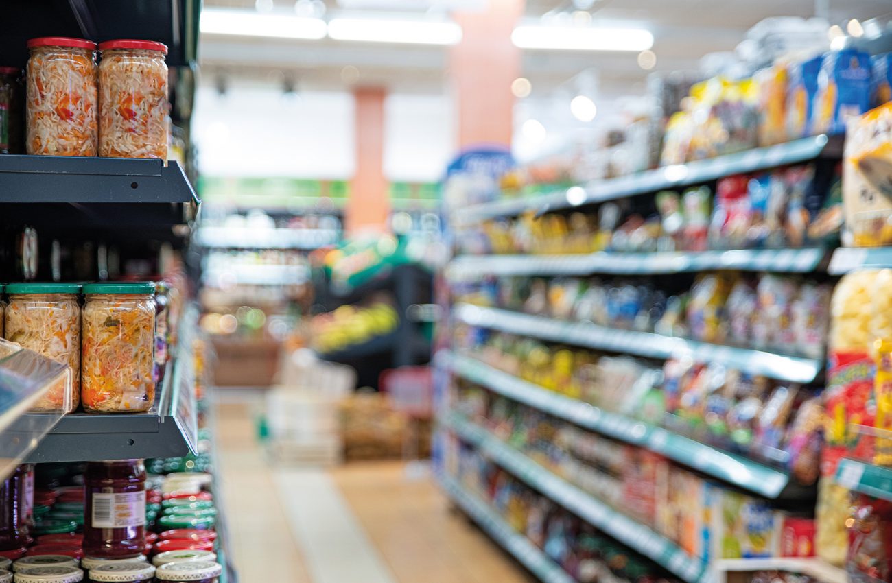 Food on the shelves of a grocery store.