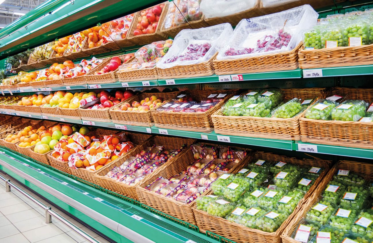 Fresh fruits on shelf in supermarket