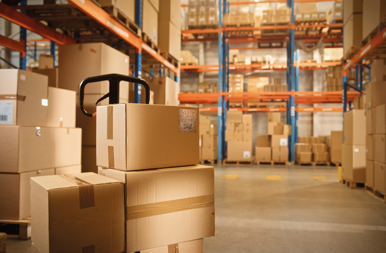 Big Retail Warehouse full of Shelves with Goods Stored on Manual