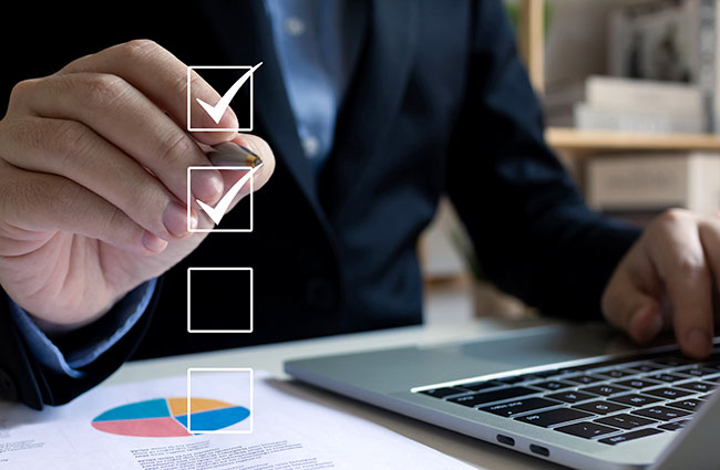 Businessman tick correct sign mark for document approve in check Businessman tick correct sign mark for document approve in checkbox, project acceptance and quality assurance concept, Take an assessment, questionnaire, evaluation, vote yes result.