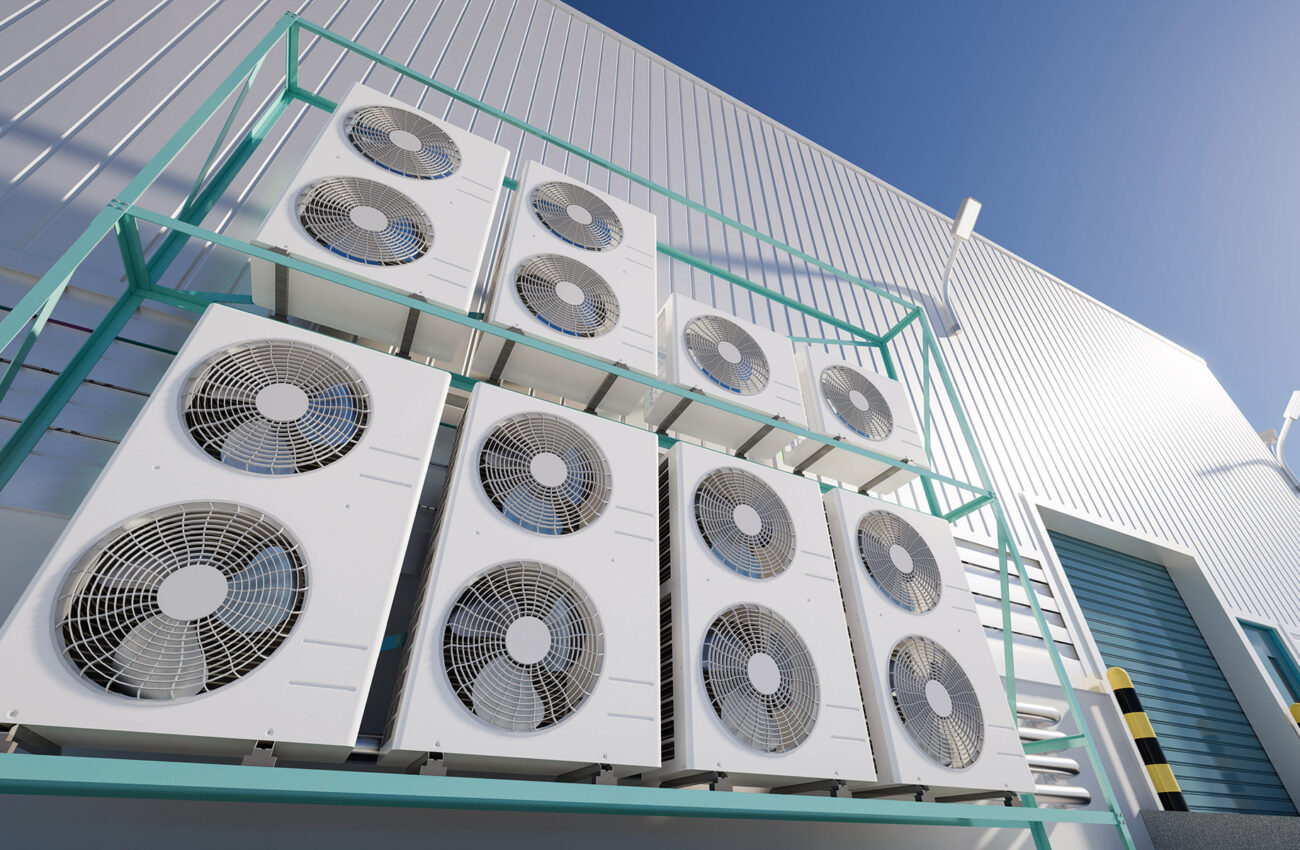 3d rendering of condenser unit or compressor outside factory pla