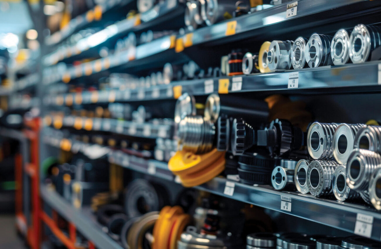 Details of different auto parts neatly arranged on display shelv